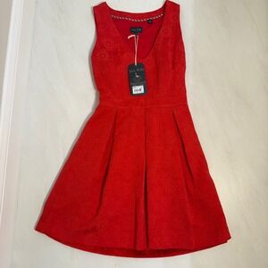 Jack Wills Norbury Jacquard Dress Ruby Red V Neck Fit‎ Flare UK 12 US 8